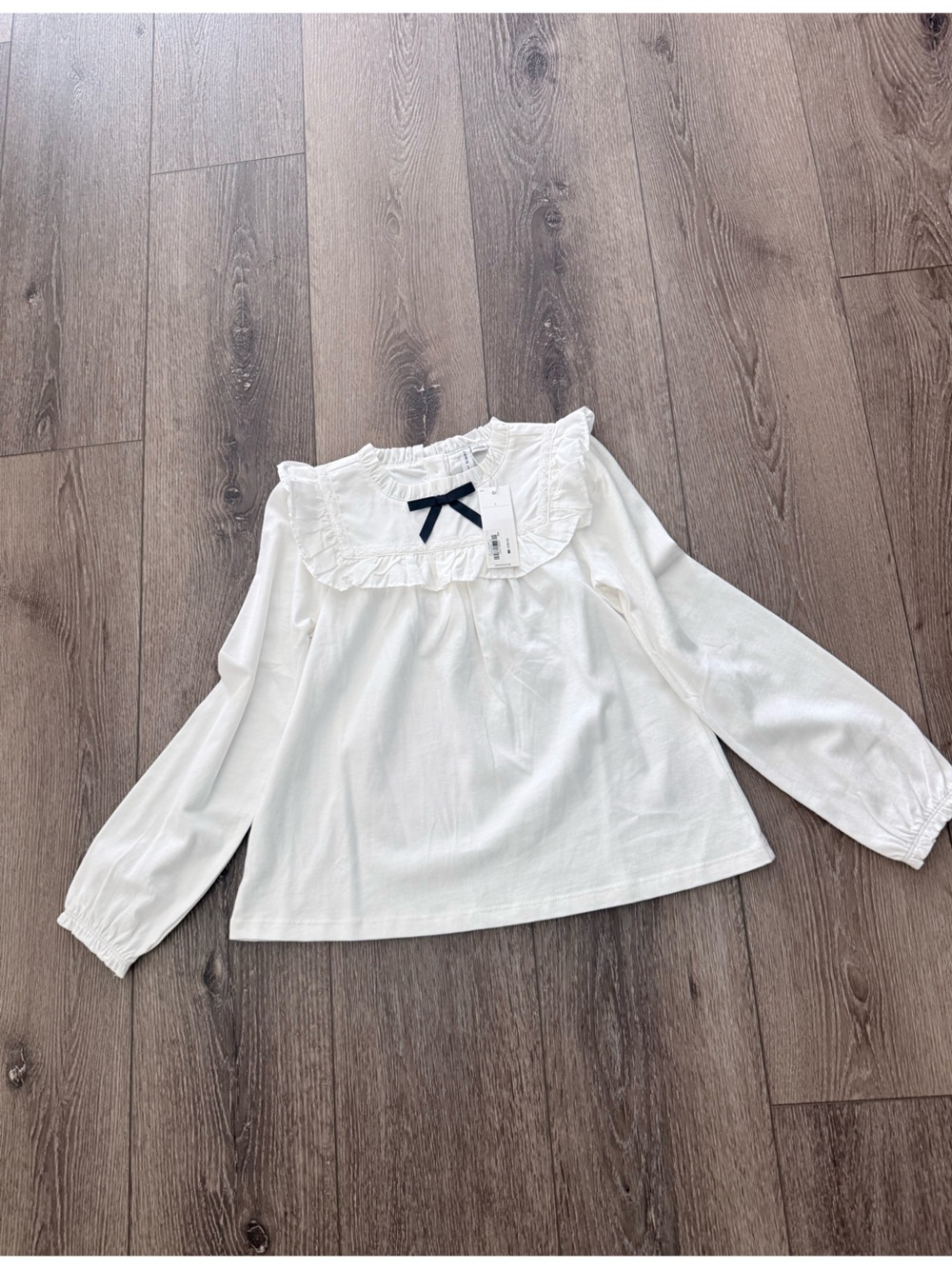 Janie and Jack White Long-Sleeve Ruffle Collar Top with Navy Bow
